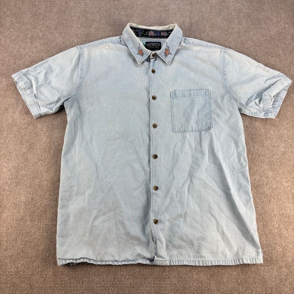 Billabong Womens Light Wash Denim Embroidered Collar Button Down Shirt Size S